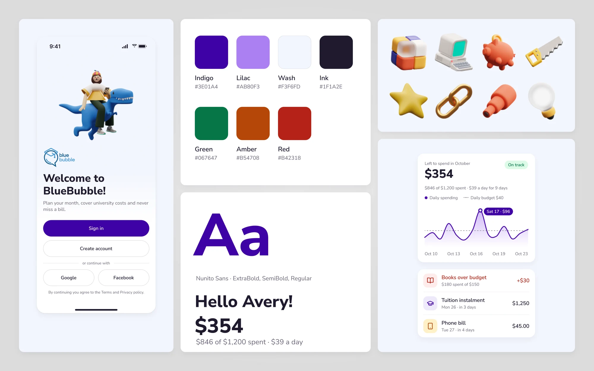 BlueBubble style tile: the welcome screen with the 3D mascot, colour swatches for indigo, lilac, green, amber and red, Nunito Sans type, a row of 3D objects and interface pieces such as status chips, a bank card and a list row