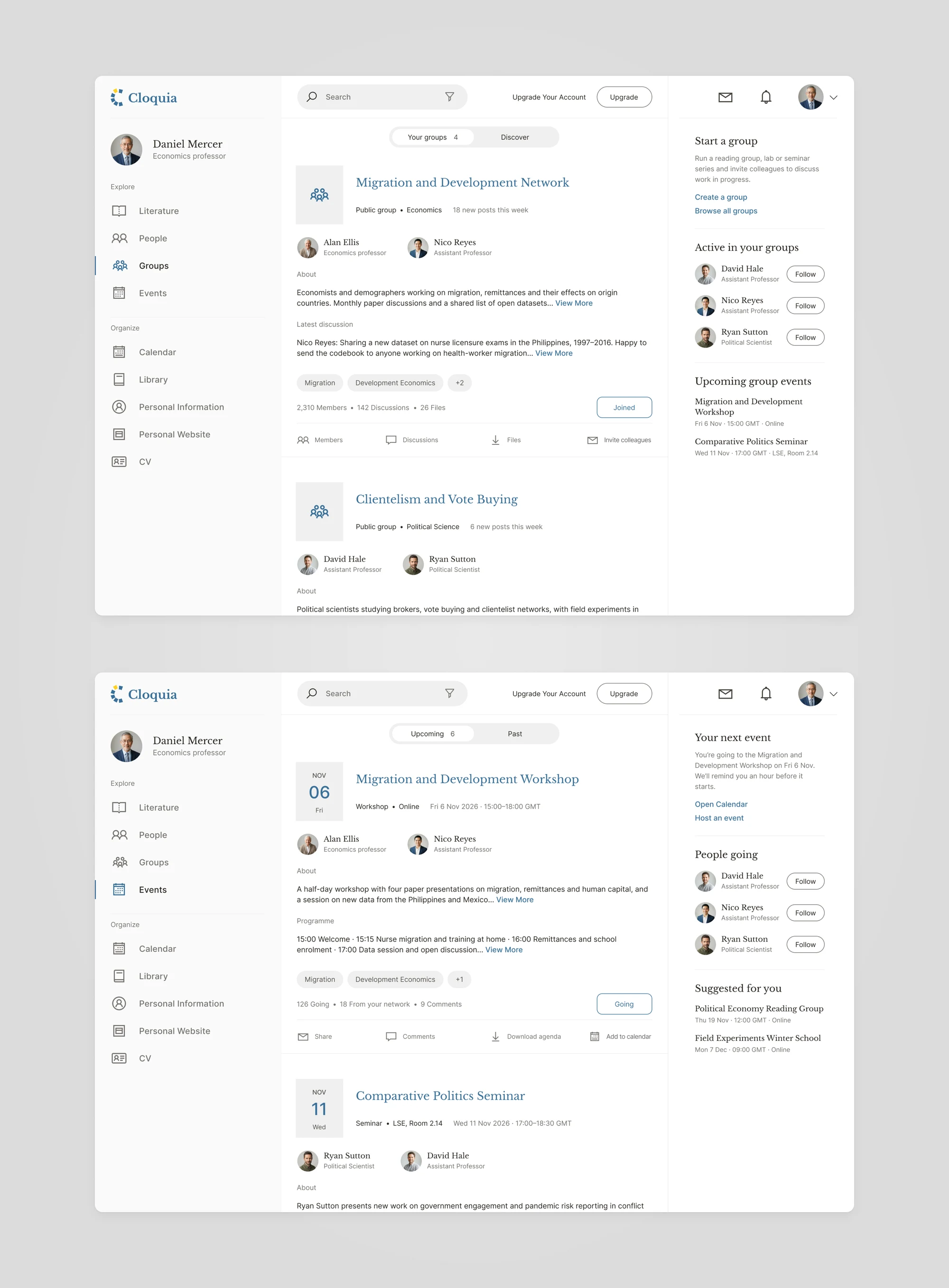 Two Cloquia screens: a list of research groups with members and the latest discussion, and upcoming events with date tiles, programmes and a Register button