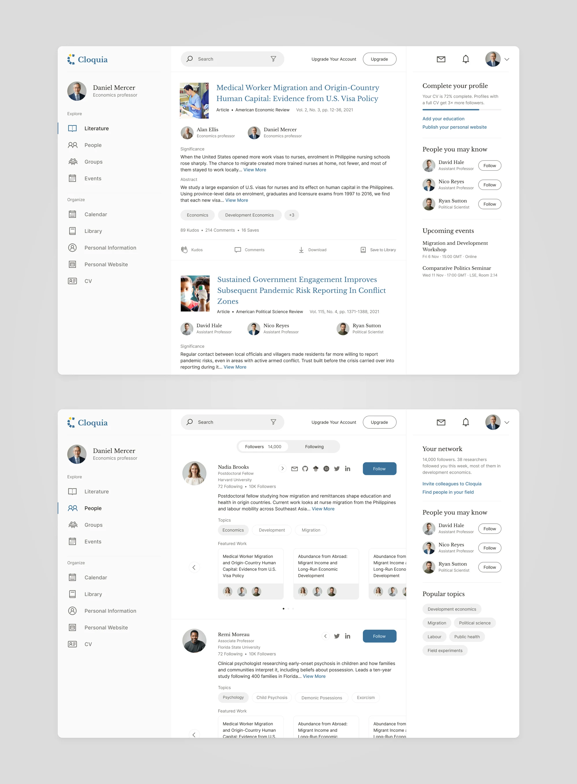 Two Cloquia screens: the Literature feed with a paper card and its significance note, and the People page with researcher profiles, topics and featured work