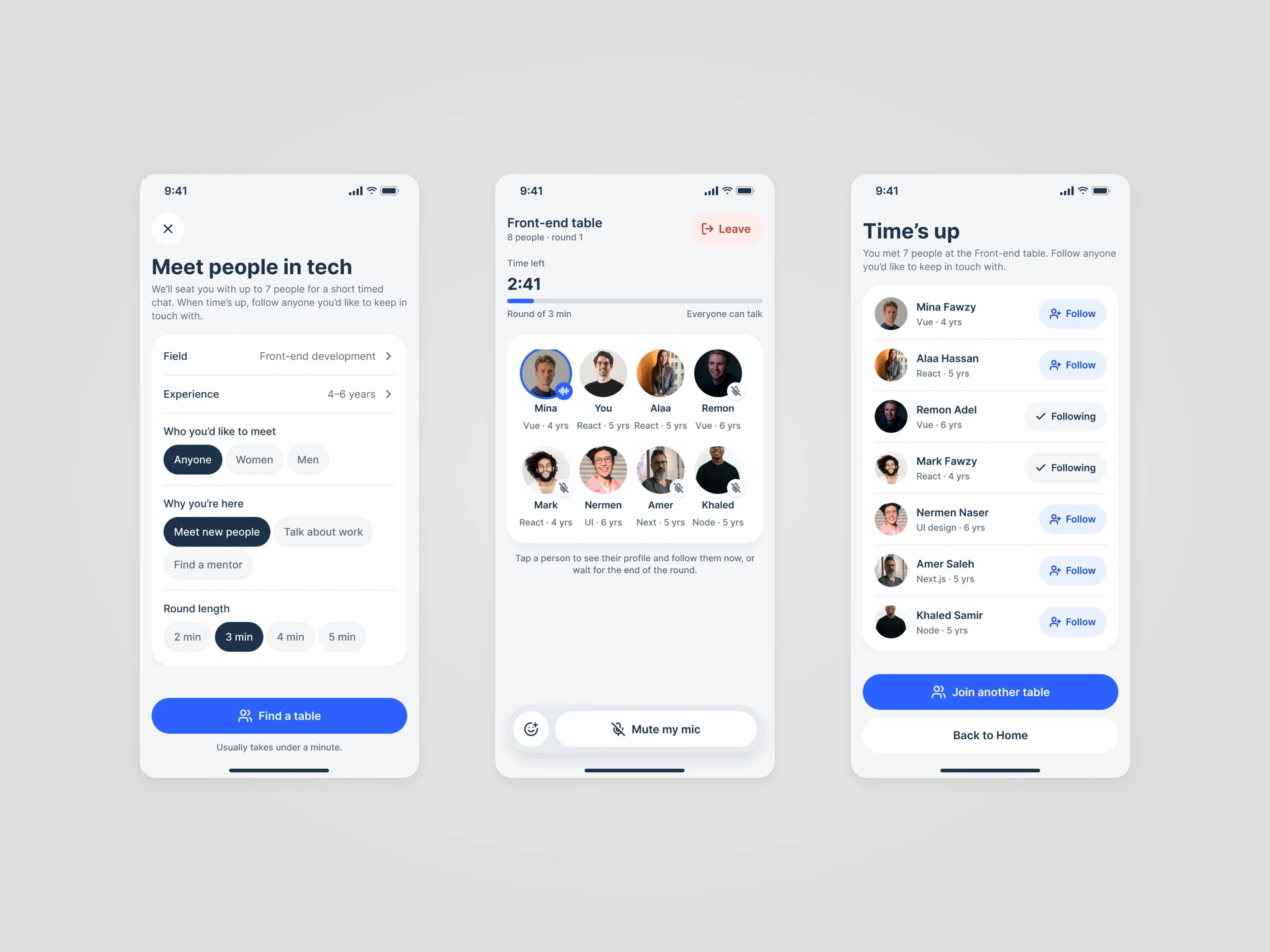 Three Hitch Join a table screens: the setup with field, experience, who you'd like to meet and round length, a front-end table of eight people with 2 minutes 41 seconds left, and the time's up list of seven people to follow