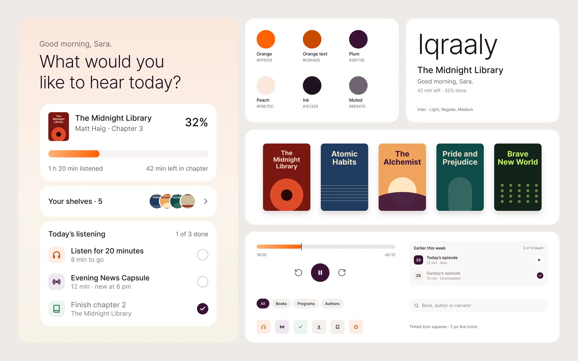 Iqraaly style tile: the Home greeting with the Now listening, shelves and today's listening cards on a peach page, colour swatches for orange, plum, peach and ink, Inter type, a row of five book covers and interface pieces such as the striped progress bar, play controls, filter chips and tinted icons