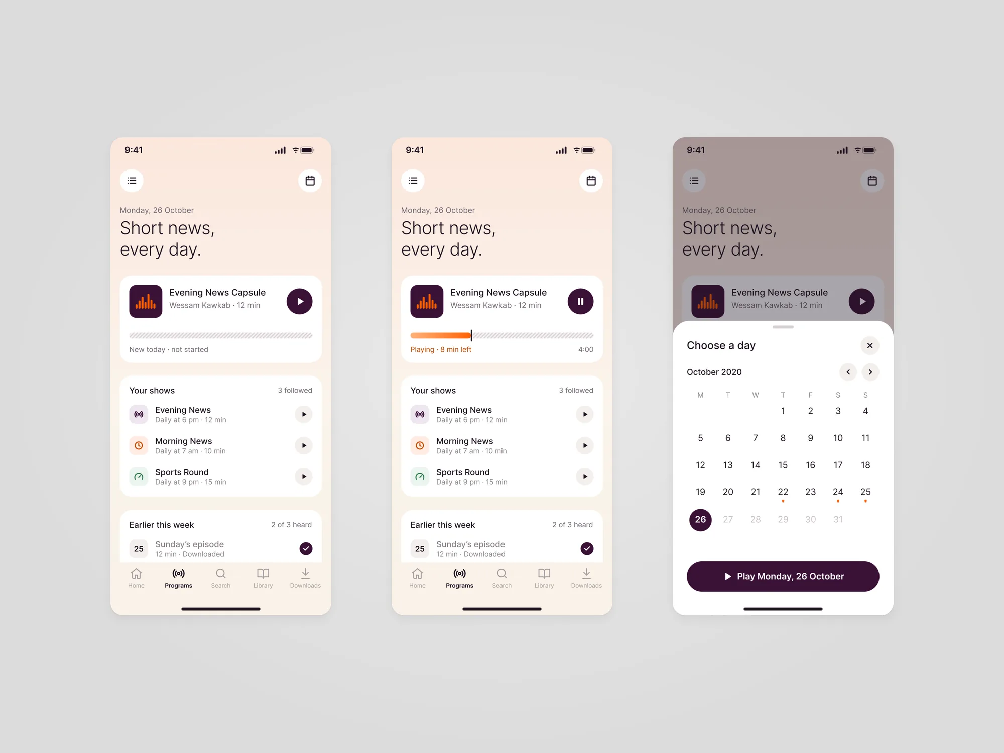 Three Iqraaly screens: the Programs tab with today's Evening News Capsule and the shows you follow, the same episode playing with an orange progress bar, and a calendar sheet for October 2020 with days that have an episode marked by orange dots