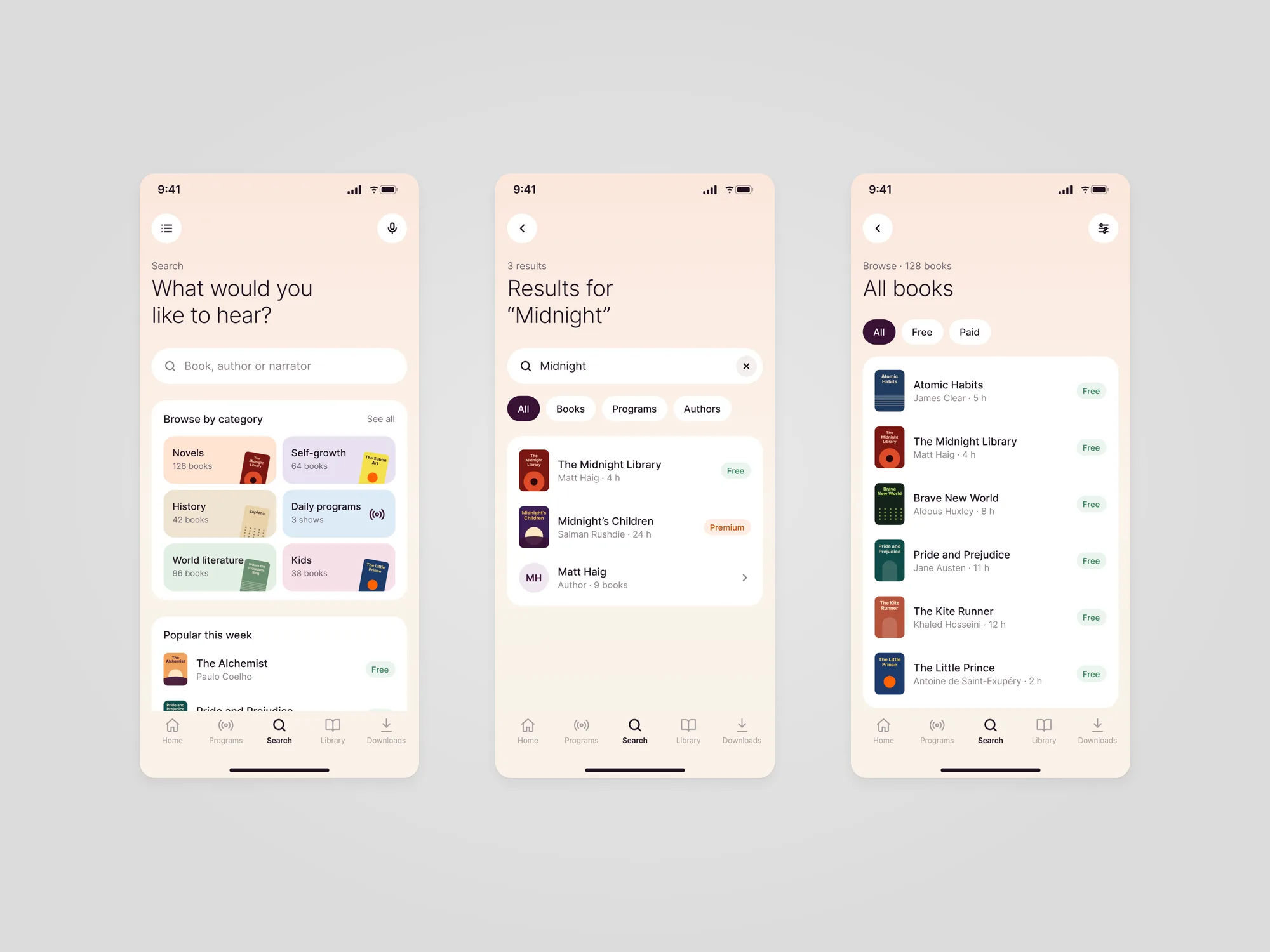 Three Iqraaly screens: search with six category tiles such as novels, self-growth and history, results for Midnight with two books and an author, and the all books list with free tags