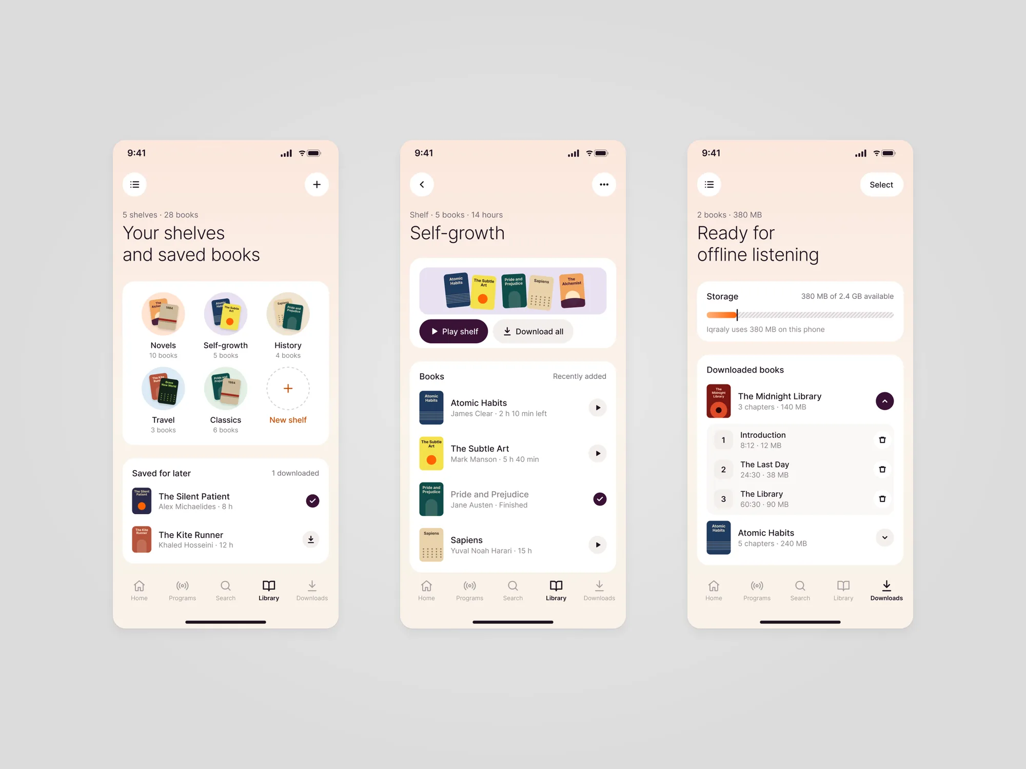 Three Iqraaly screens: My library with shelves shown as circles of book covers, the self-development shelf with play all and download all buttons, and downloads with a storage bar and one book's chapters listed with their sizes