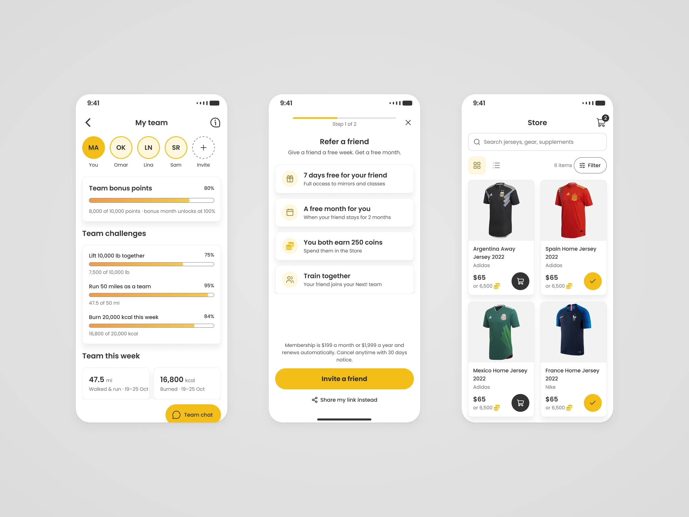 Three screens: the member's team with shared challenges, the refer-a-friend benefits, and the store with jerseys priced in dollars or coins