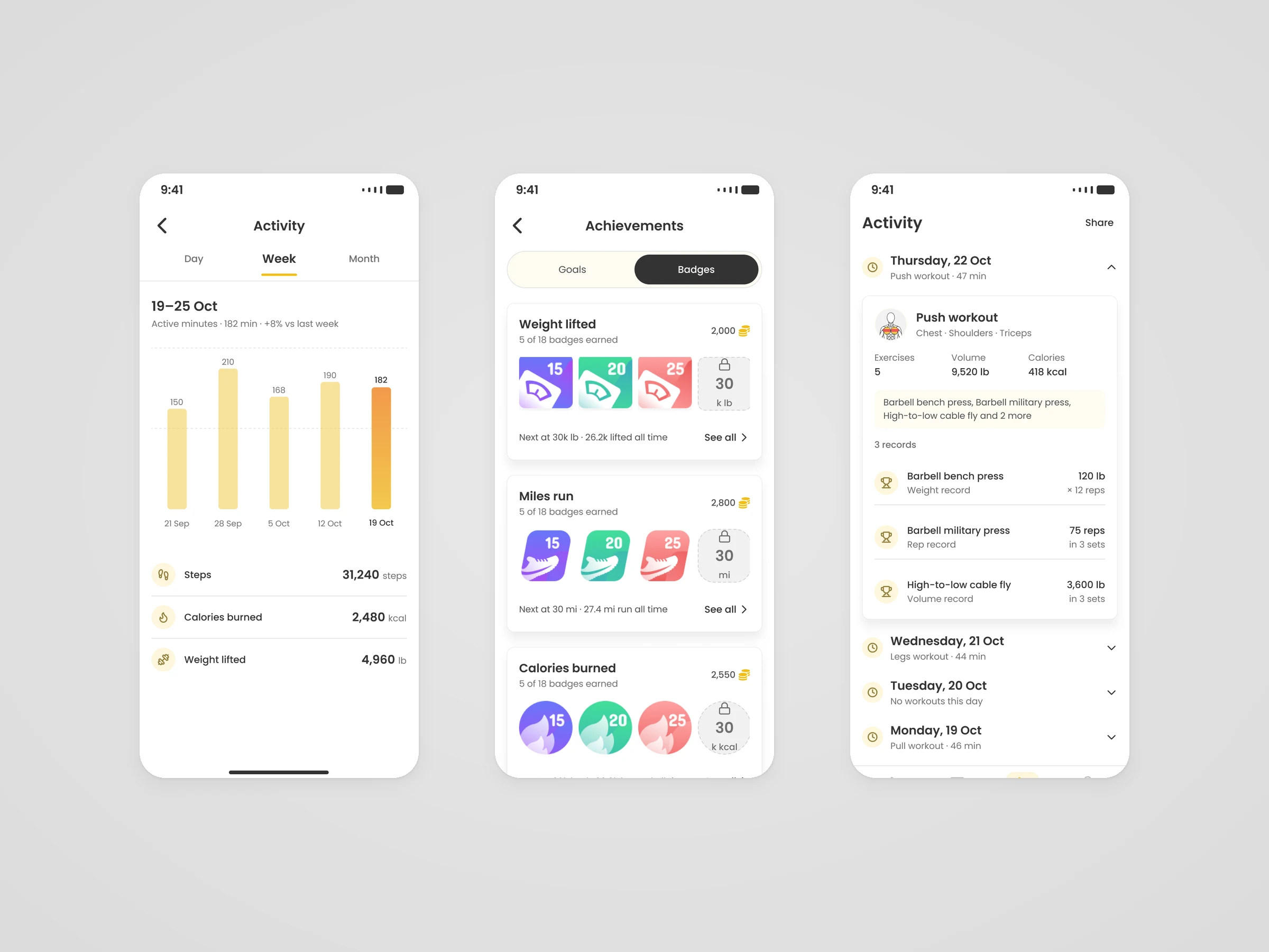 Three screens: weekly activity with a bar chart and totals, achievement badges for weight lifted, miles run and calories burned, and the workout history with personal records