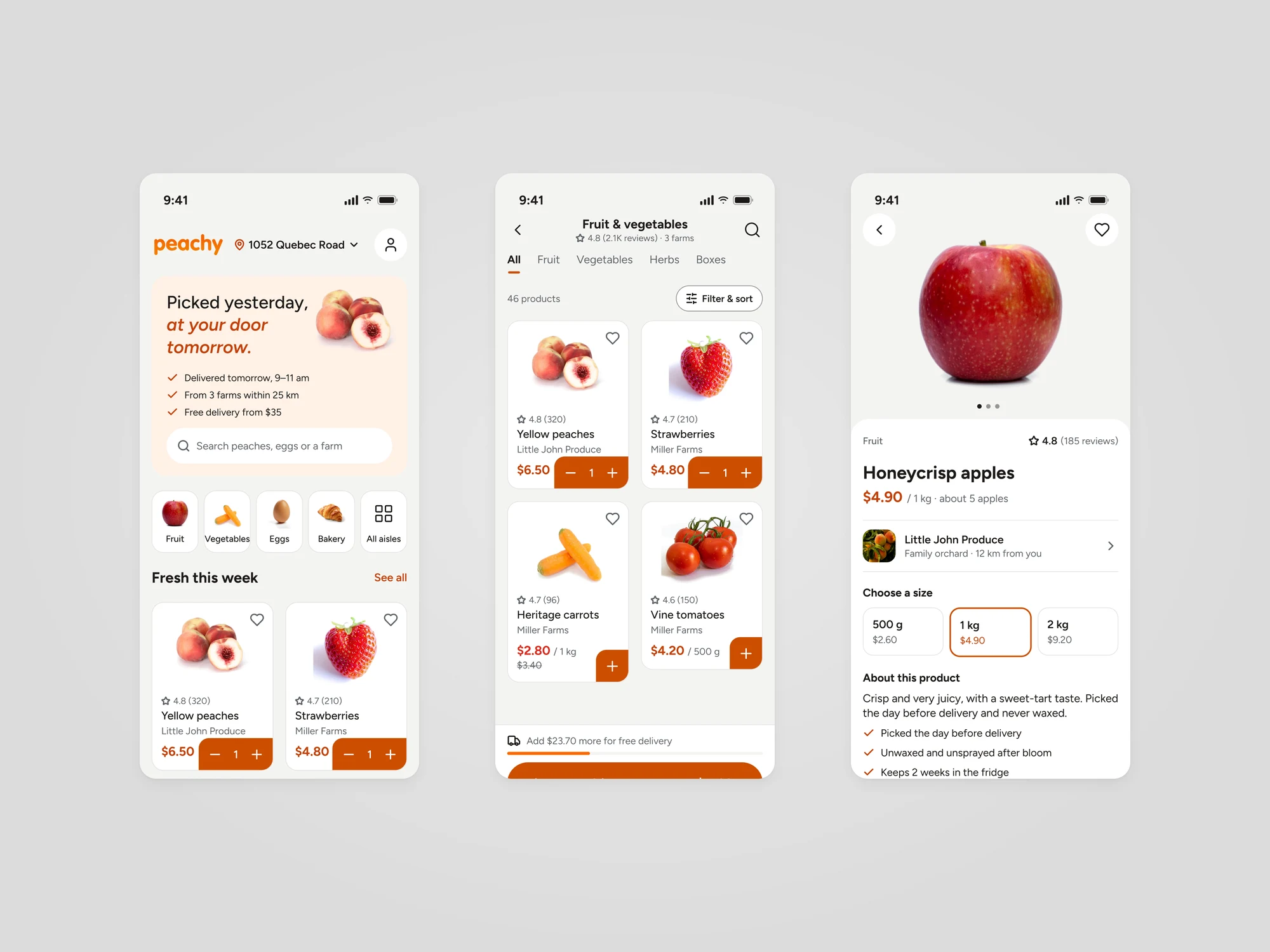 Three Peachy app screens: the home page with tomorrow's delivery slot and aisle tiles, the fruit and vegetables aisle with product cards from each farm, and the Honeycrisp apples product page with size options