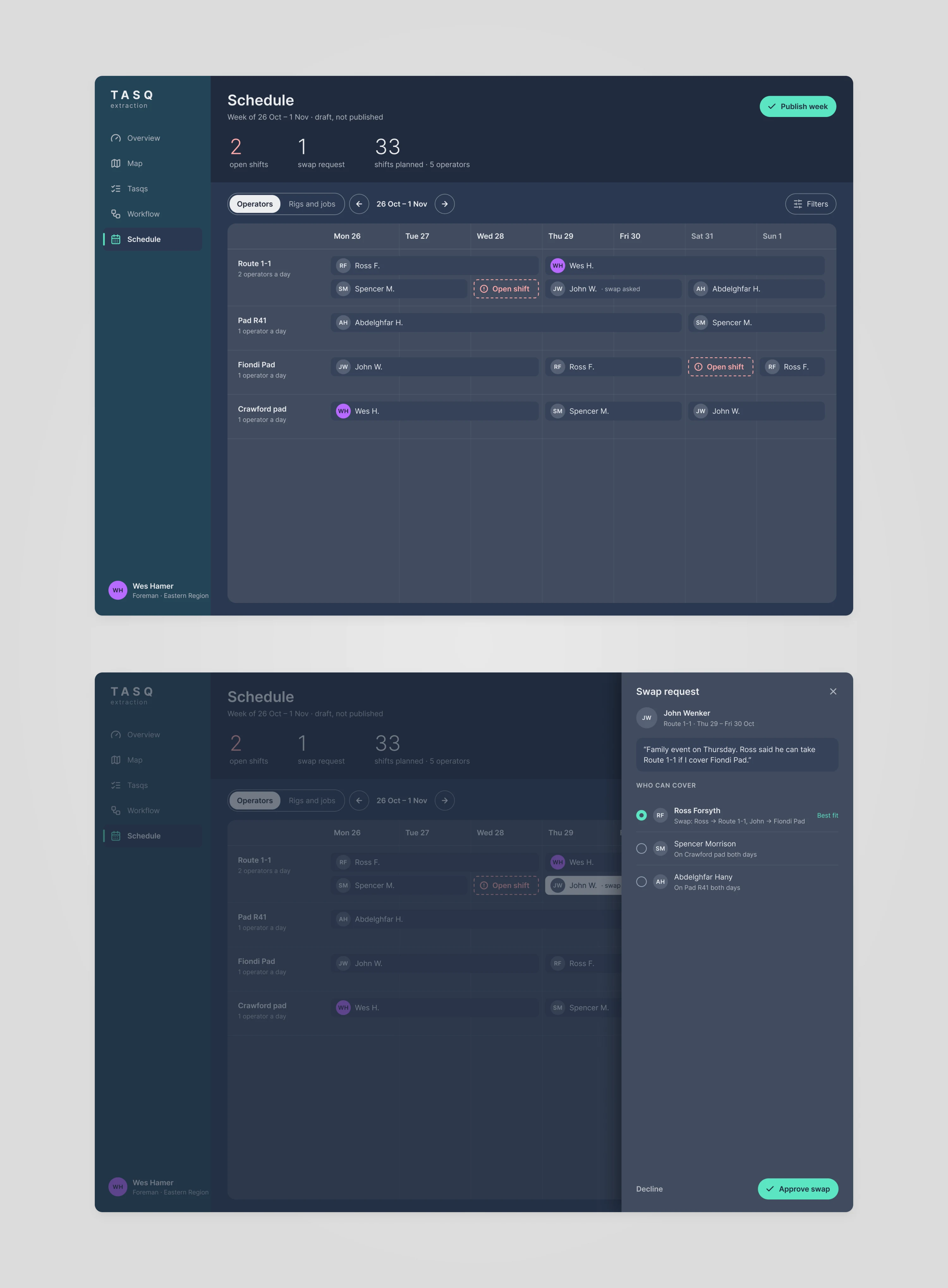 Two Tasq screens: the operator schedule for the week with two open shifts, and a swap request with Ross Forsyth suggested as cover