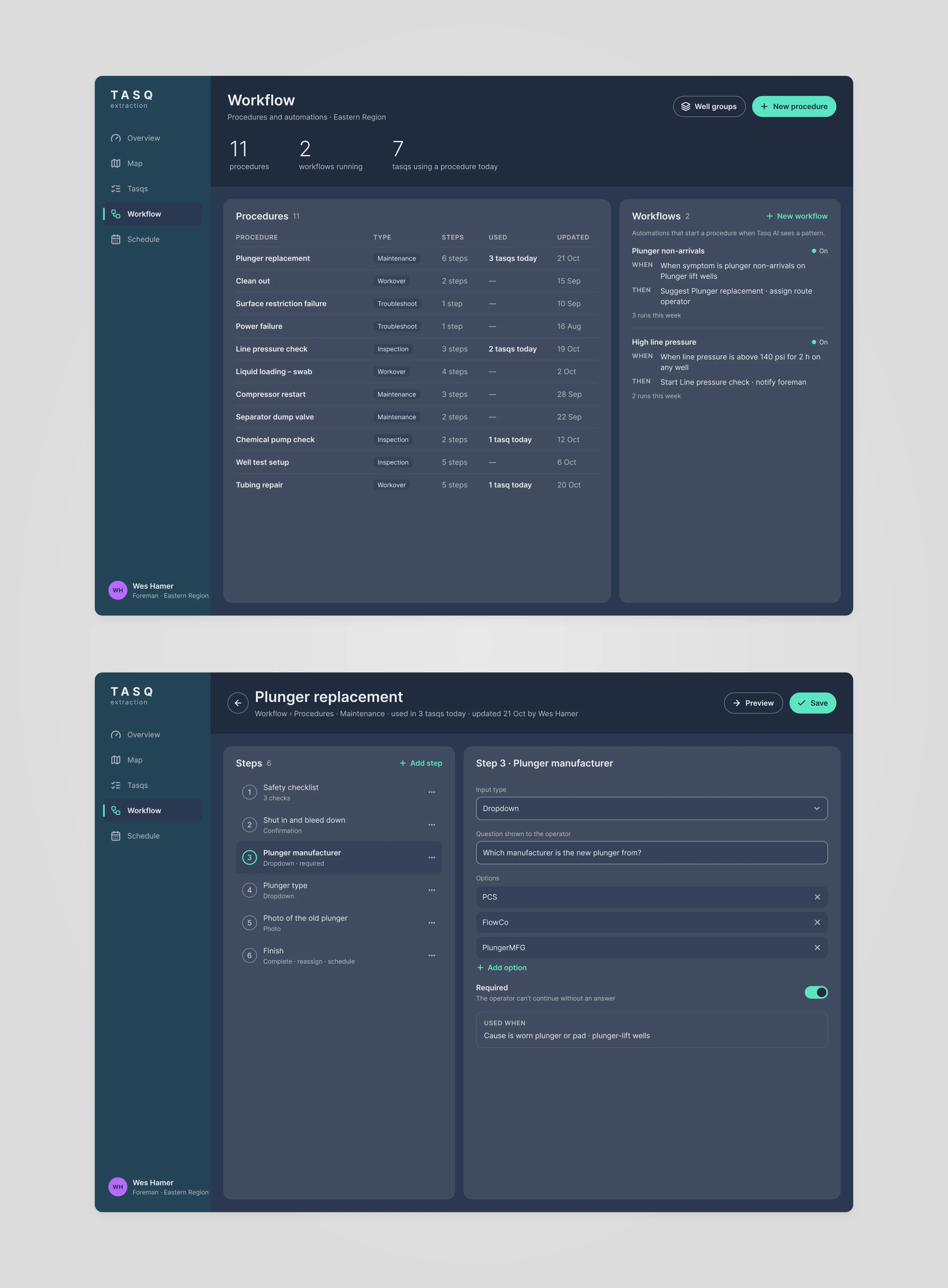 Two Tasq screens: the list of 11 procedures with two running workflows, and the editor for the plunger replacement procedure with its steps and a dropdown question