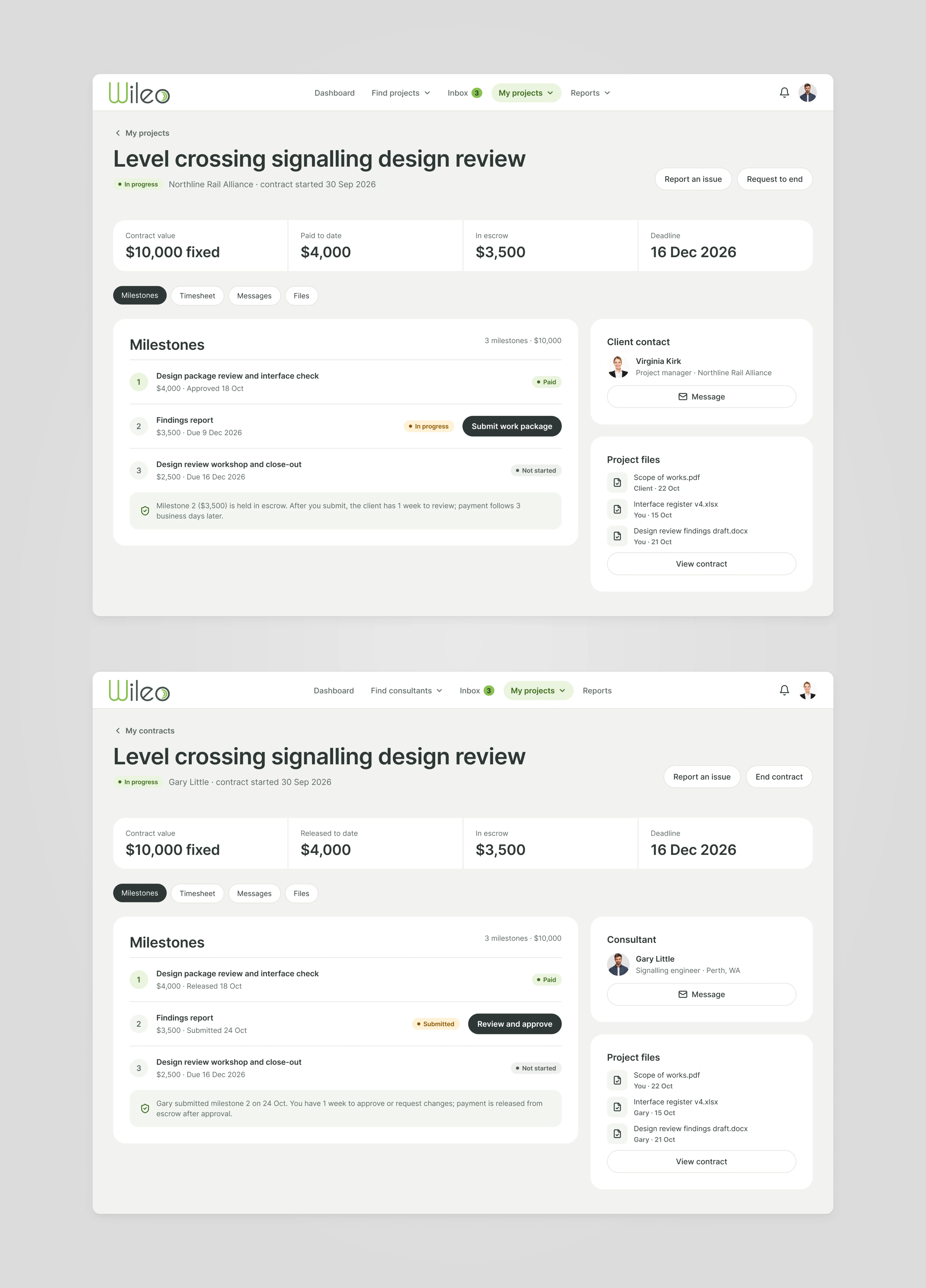 Two Wileo contract workspaces for the same project: the consultant's view with milestones and a Submit work package button, and the client's view with the submitted milestone ready to review and approve