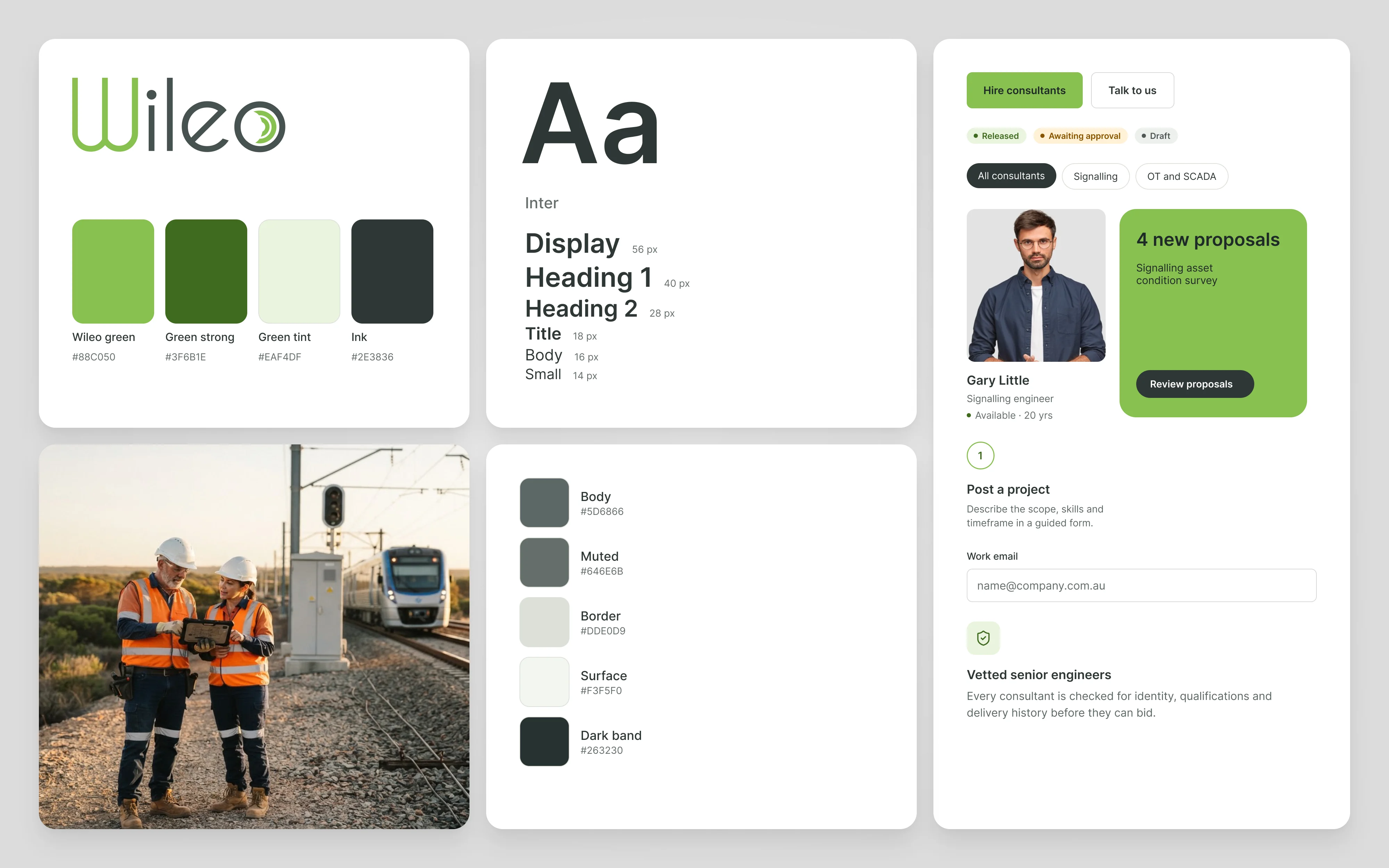Wileo style tile with the logo, the green and grey-green colours, Inter type samples, buttons, status badges, chips, a consultant card and a photo of engineers by a rail line